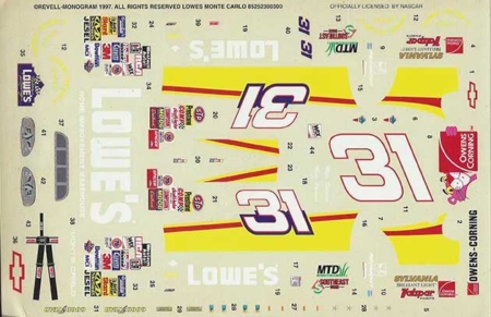 1997 Revell #31 Lowes Chevy Monte Carlo Mike Skinner Decals